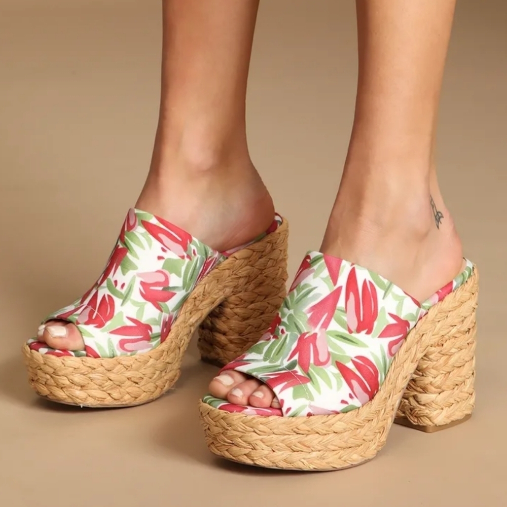 LuLus Ervyn Paradise Tropical Print Raffia Platform Slide Sandals Size 10
